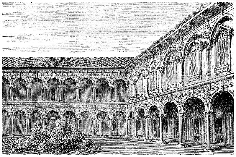 古董插图:马焦雷Ospedale Maggiore,米兰